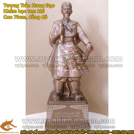 Tượng Trần Hưng Đạo khảm bạc, cao 70cm, tượng đồng tam khí
