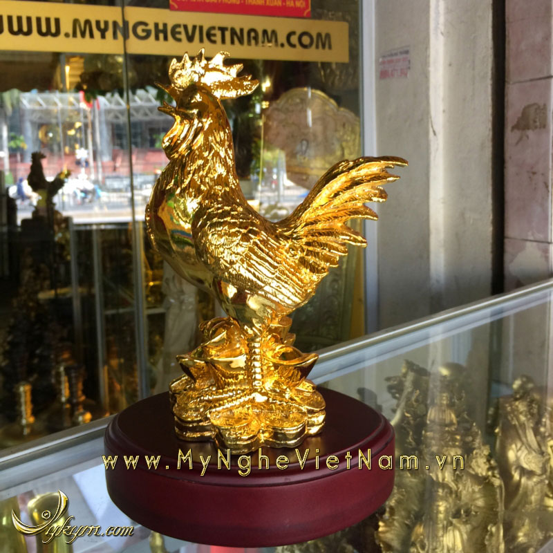 tượng gà đứng tiền mạ vàng cao 23cm