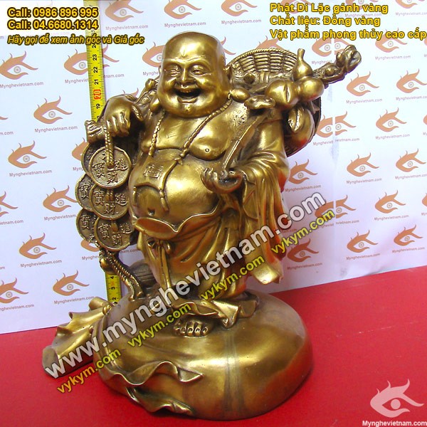 Tượng Phật Di Lạc gánh tiền 25cm đồng vàng