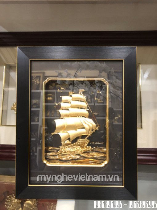 quà tặng phong thủy Tranh thuyền buồm dát vàng 24k kt 25x32cm