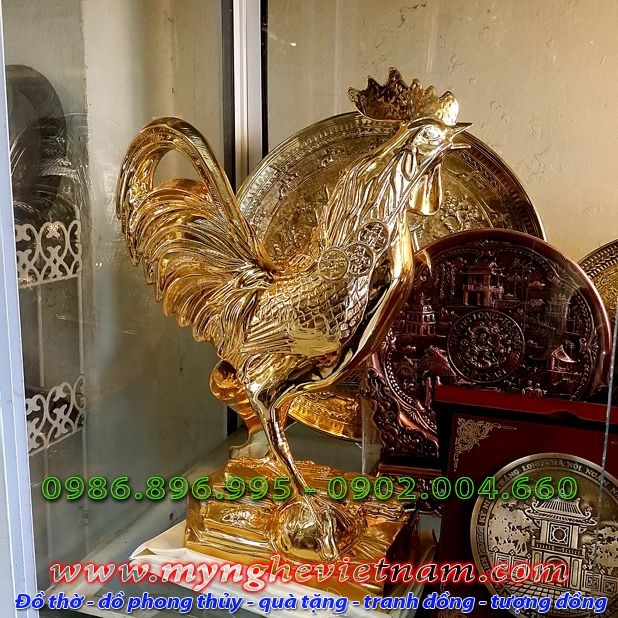 Tượng gà đồng mạ vàng cao 36cm, tượng gà phong thủy cao cấp
