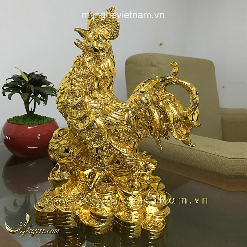 Tượng gà đồng đeo tiền mạ vàng cao cấp 30cm